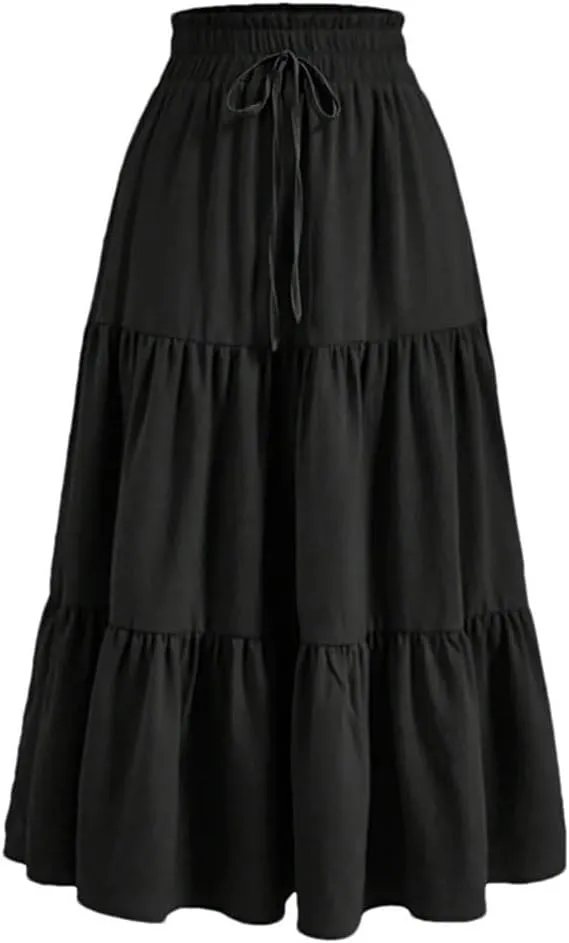 Women's Boho Vintage Floral Print Maxi Skirt Elastic High Waist Pleated Flowy A Line Long Skirts