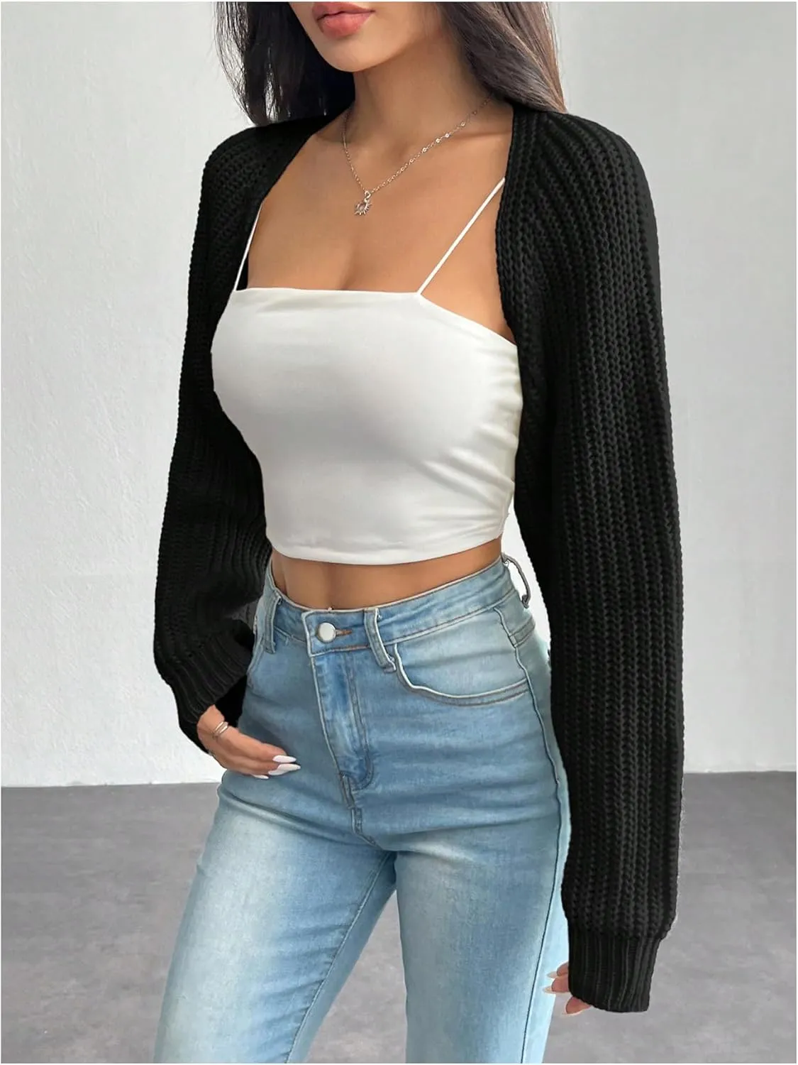 Women's Bolero Shrug Sweaters Long Sleeve Open Front Knit Cropped Cardigan Sweaters Outerwear