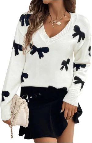 Women's Bow Print Sweaters V Neck Lightweight Sweater Long Sleeve Pullovers Knit Top