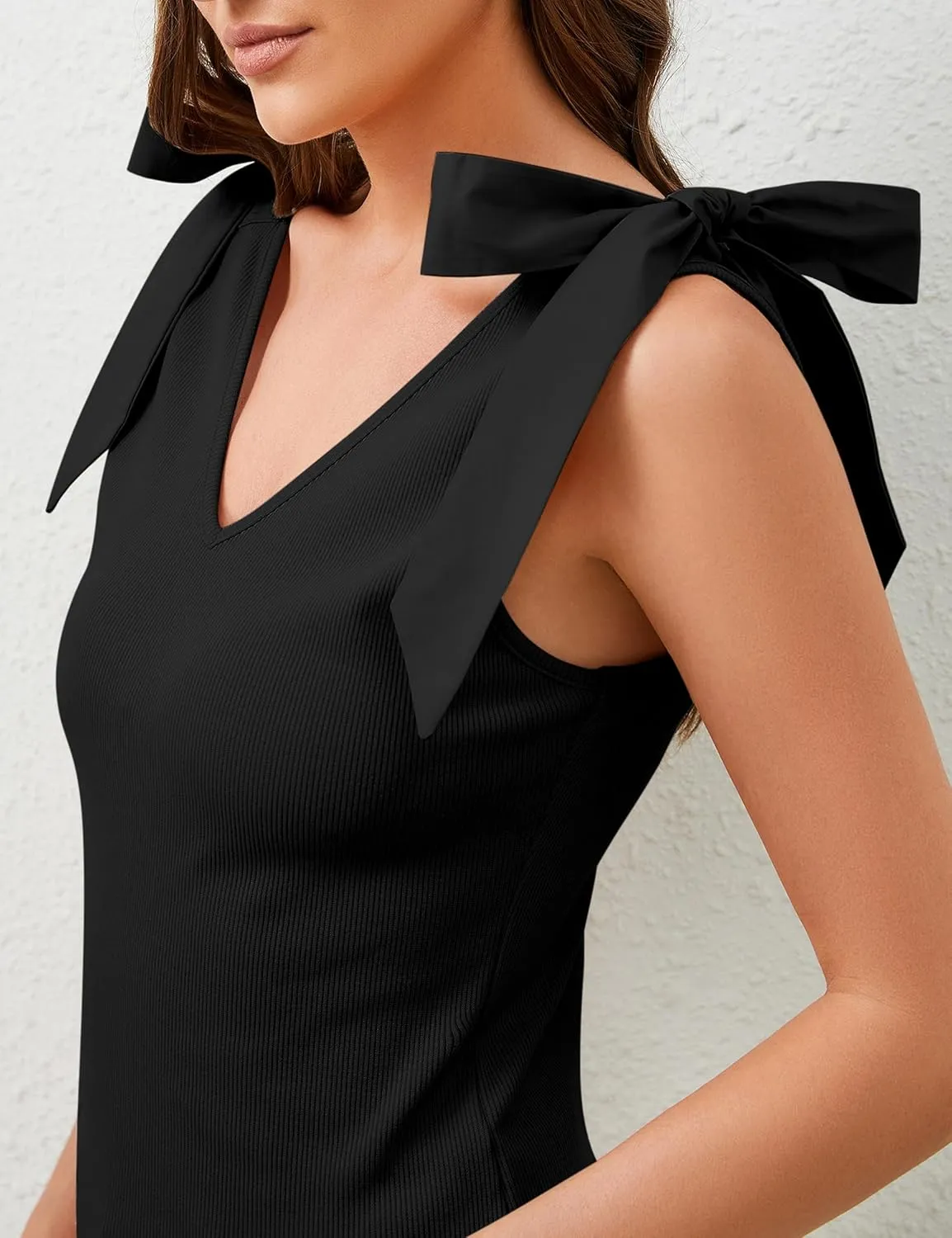 Women's Bow Tie Shoulder Strap Knit Tank Tops V Neck Slim Fit Casual Tie Strap Sleeveless Knit Tops Camisoles
