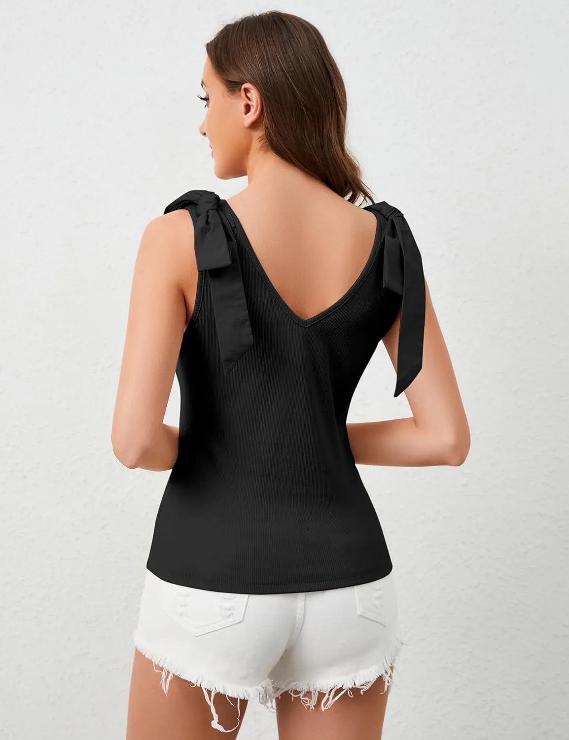 Women's Bow Tie Shoulder Strap Knit Tank Tops V Neck Slim Fit Casual Tie Strap Sleeveless Knit Tops Camisoles