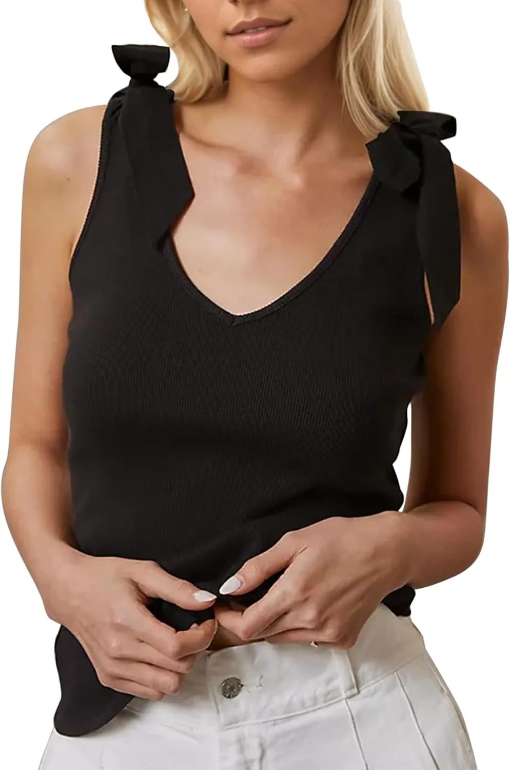 Women's Bow Tie Shoulder Strap Knit Tank Tops V Neck Slim Fit Casual Tie Strap Sleeveless Knit Tops Camisoles