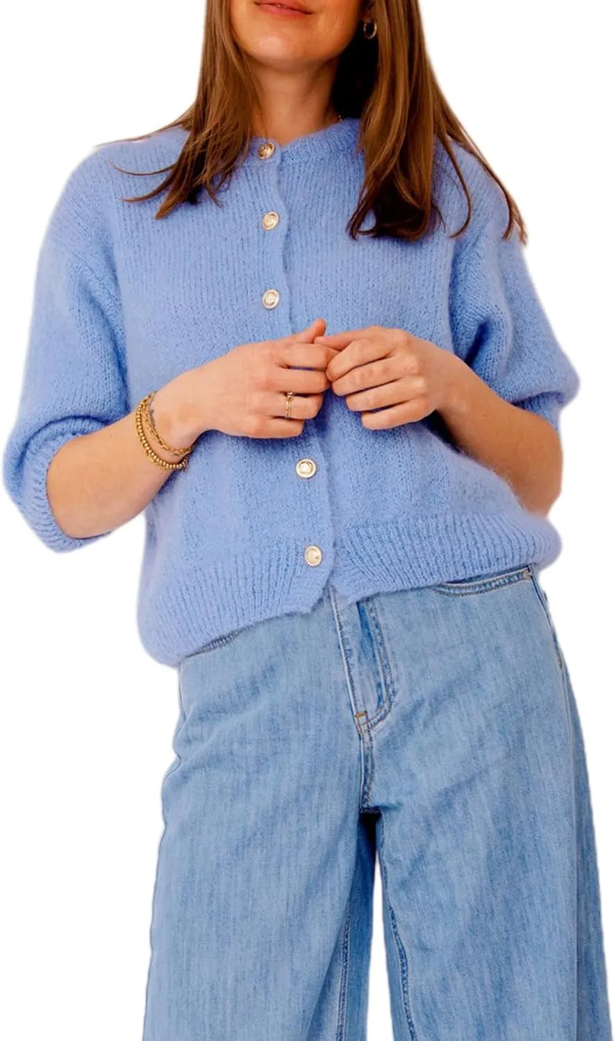 Womens Button Up Short Sleeve Cardigans Sweater Cropped Lightweight Round Neck Elegant Knit Tops with Pockets