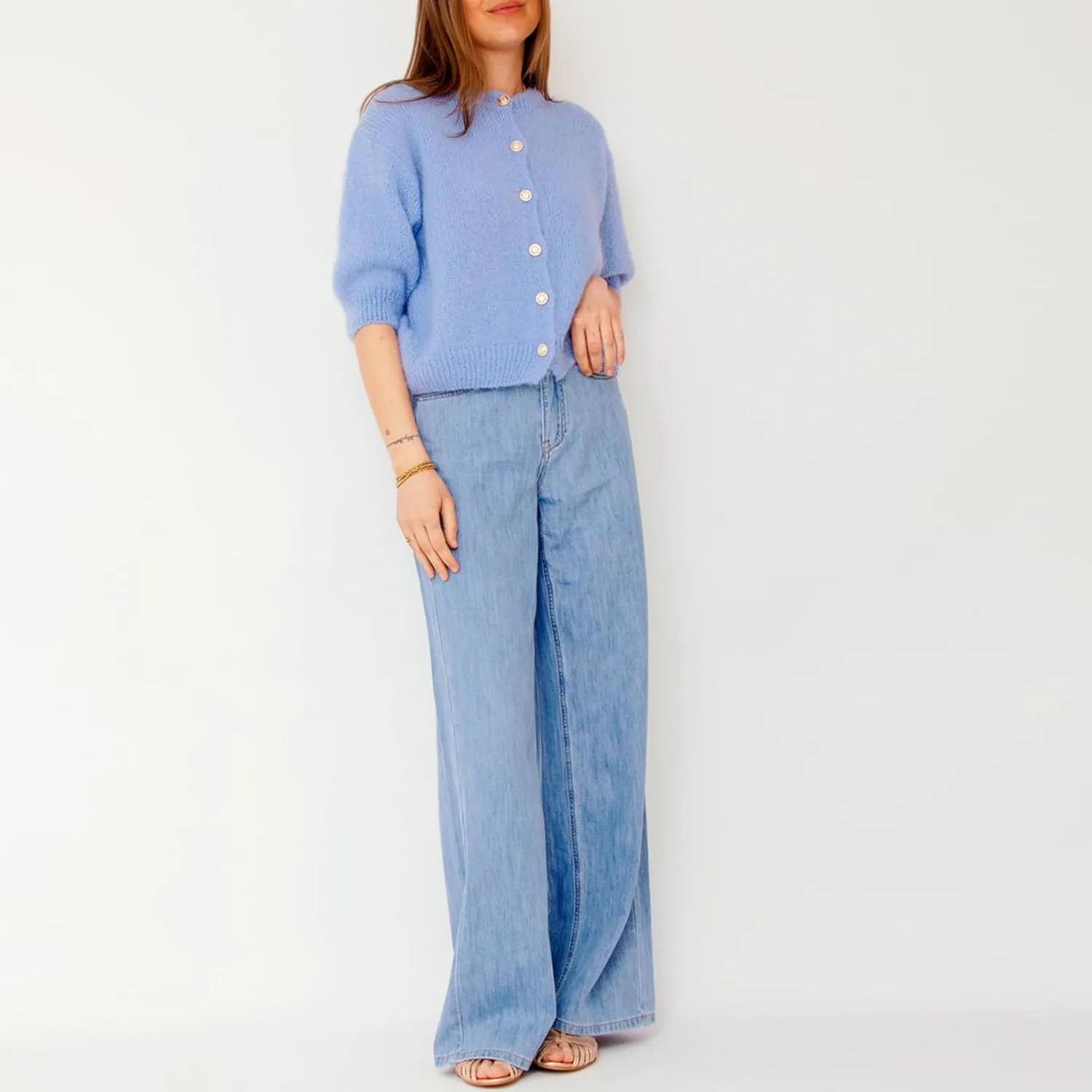 Womens Button Up Short Sleeve Cardigans Sweater Cropped Lightweight Round Neck Elegant Knit Tops with Pockets