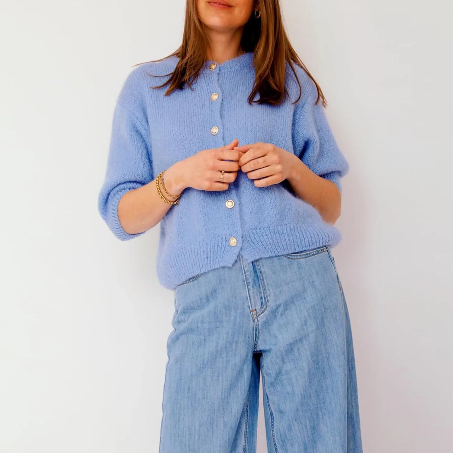 Womens Button Up Short Sleeve Cardigans Sweater Cropped Lightweight Round Neck Elegant Knit Tops with Pockets