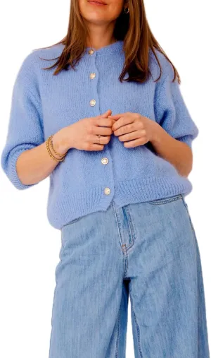 Womens Button Up Short Sleeve Cardigans Sweater Cropped Lightweight Round Neck Elegant Knit Tops with Pockets