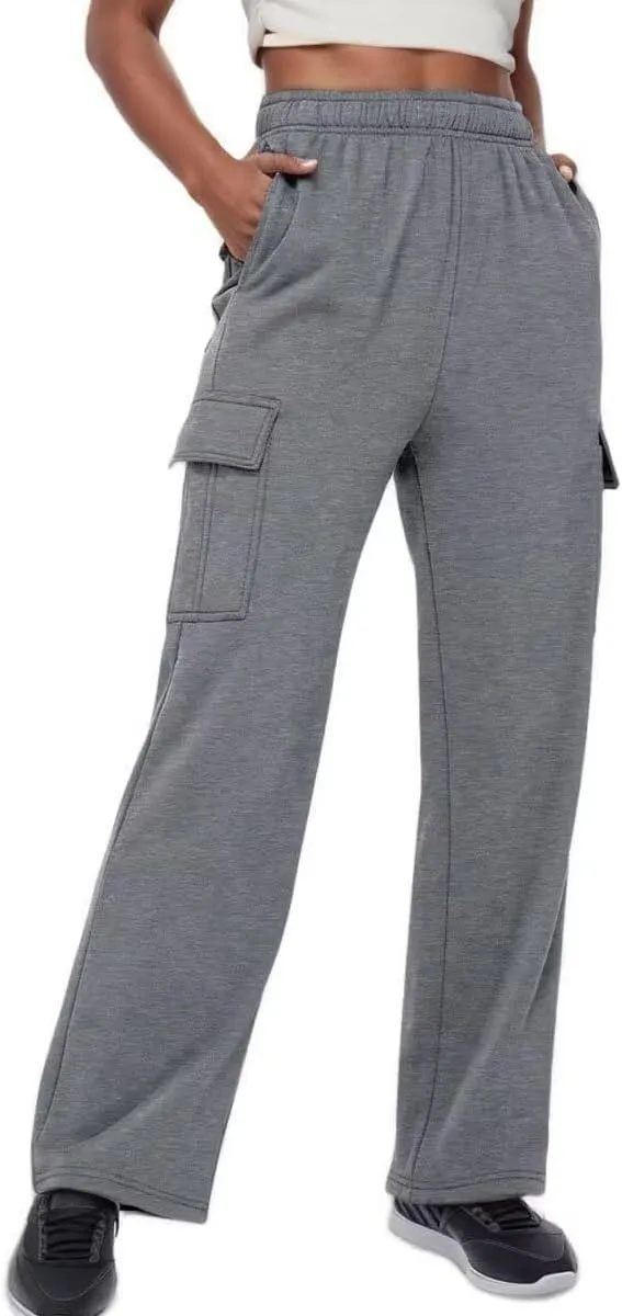 Womens Cargo Sweatpants Baggy Wide Leg Pants Warm Elastic High Waist Joggers Fall Track Lounge Trousers with Pockets