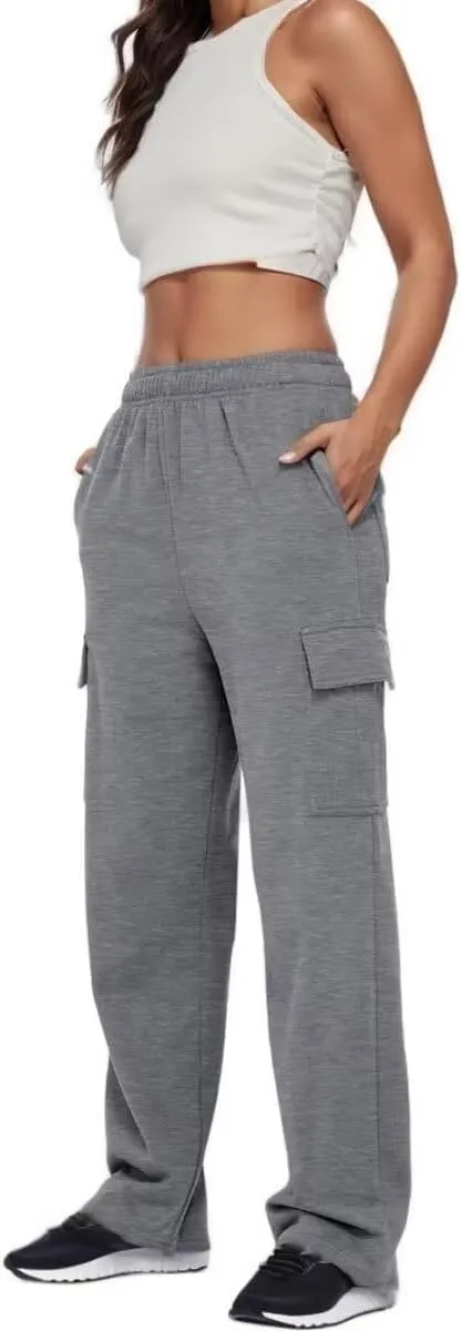 Womens Cargo Sweatpants Baggy Wide Leg Pants Warm Elastic High Waist Joggers Fall Track Lounge Trousers with Pockets