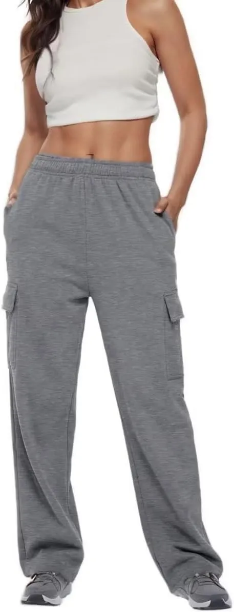 Womens Cargo Sweatpants Baggy Wide Leg Pants Warm Elastic High Waist Joggers Fall Track Lounge Trousers with Pockets