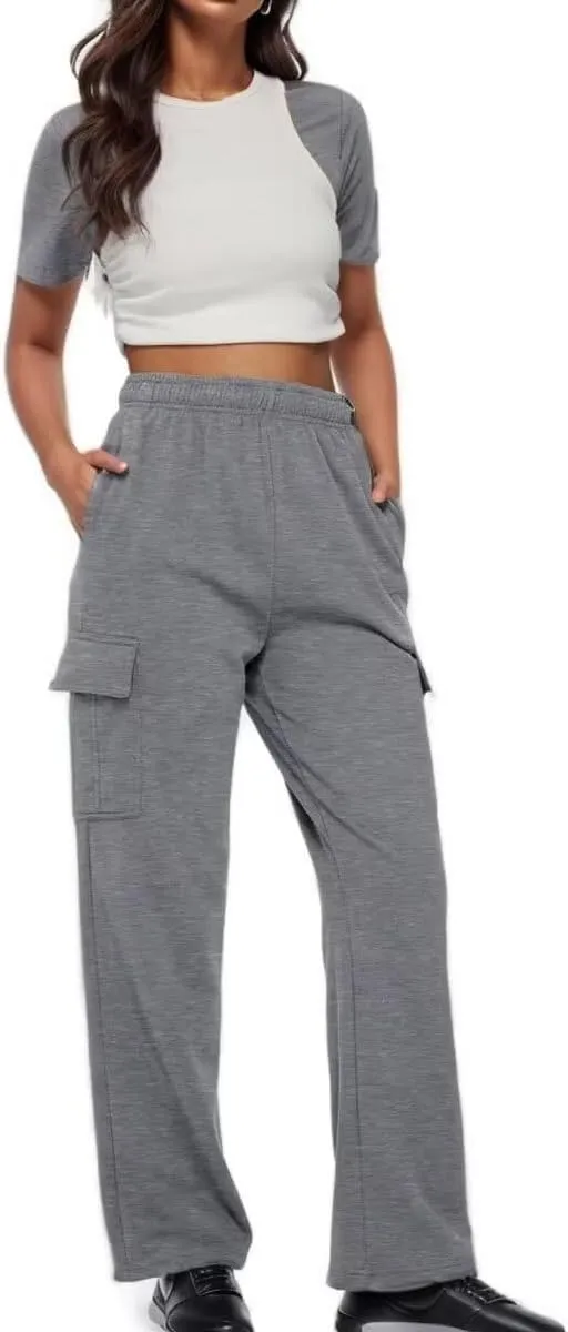 Womens Cargo Sweatpants Baggy Wide Leg Pants Warm Elastic High Waist Joggers Fall Track Lounge Trousers with Pockets