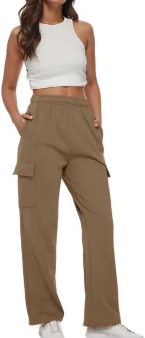 Women's Cargo Sweatpants Trendy Straight Leg Sweats Pants Cotton Elastic Waist Joggers Workout Trousers with Pockets