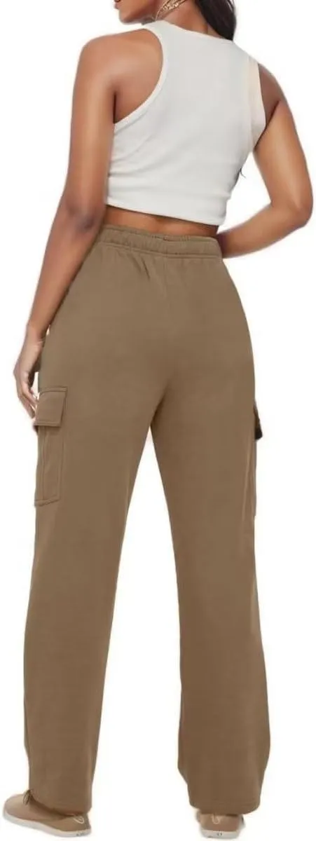 Women's Cargo Sweatpants Trendy Straight Leg Sweats Pants Cotton Elastic Waist Joggers Workout Trousers with Pockets