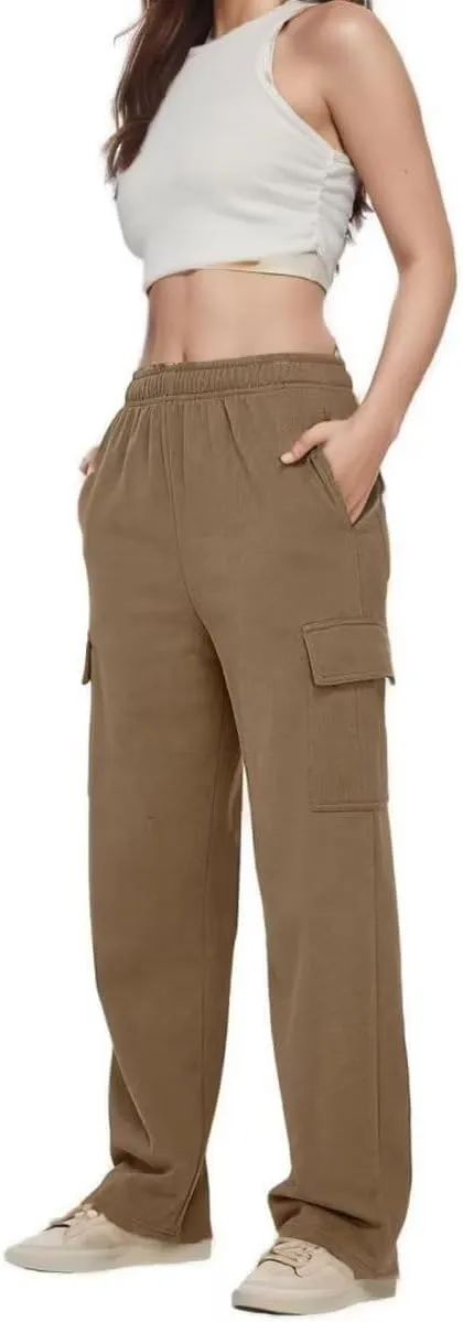 Women's Cargo Sweatpants Trendy Straight Leg Sweats Pants Cotton Elastic Waist Joggers Workout Trousers with Pockets