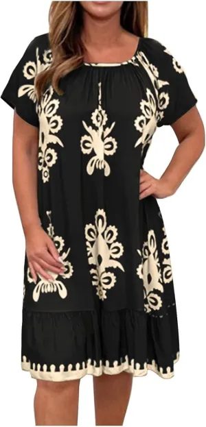 Women's Casual Dresses Boho Floral Printed Midi Dress Crew Neck Short Sleeve Loose Fashion Plus Size Dress