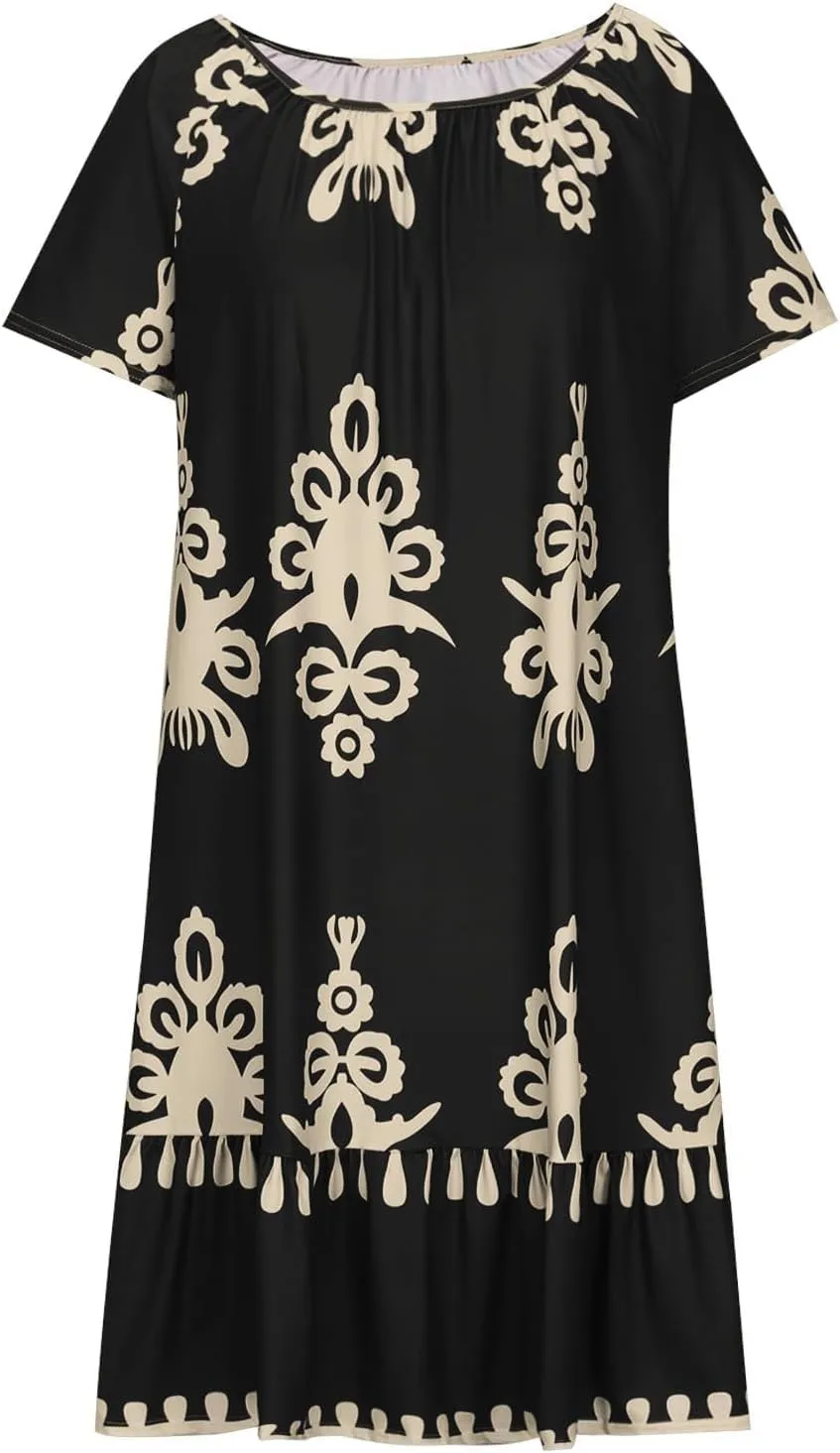Women's Casual Dresses Boho Floral Printed Midi Dress Crew Neck Short Sleeve Loose Fashion Plus Size Dress