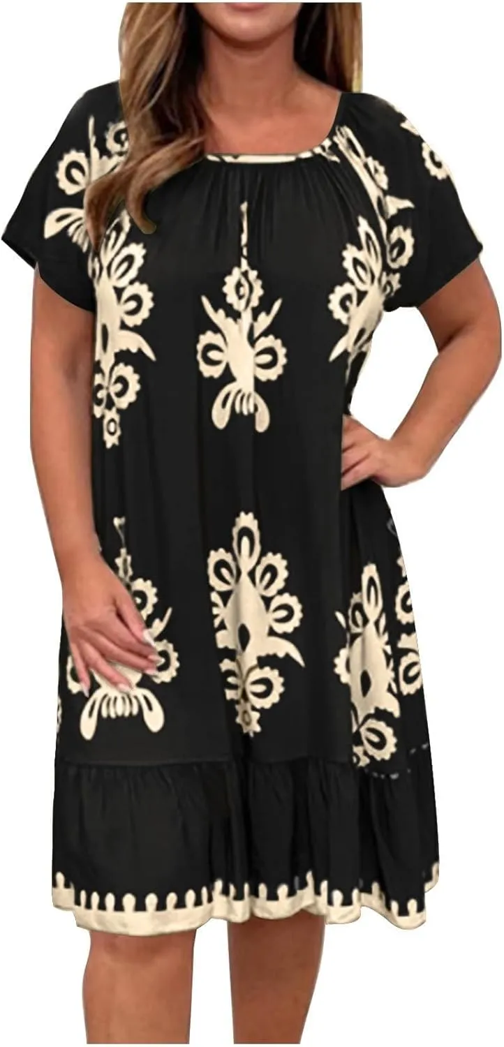 Women's Casual Dresses Boho Floral Printed Midi Dress Crew Neck Short Sleeve Loose Fashion Plus Size Dress