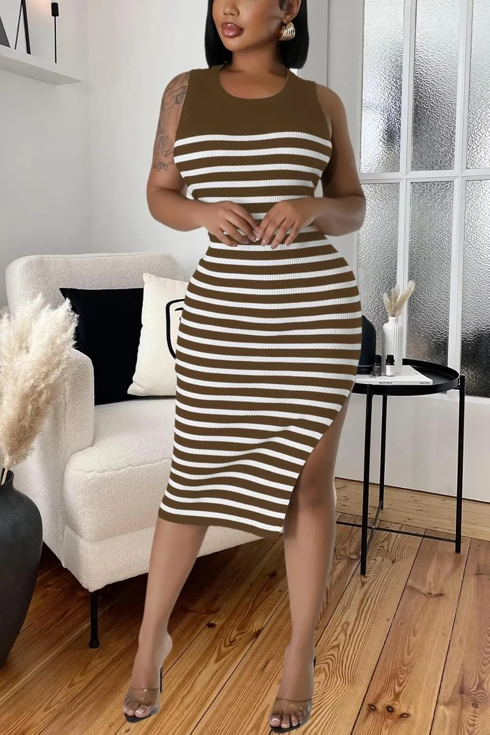 Women's Casual Ribbed Knit Bodycon Tank Dress Round Neck Sleeveless Slit Midi Dresses