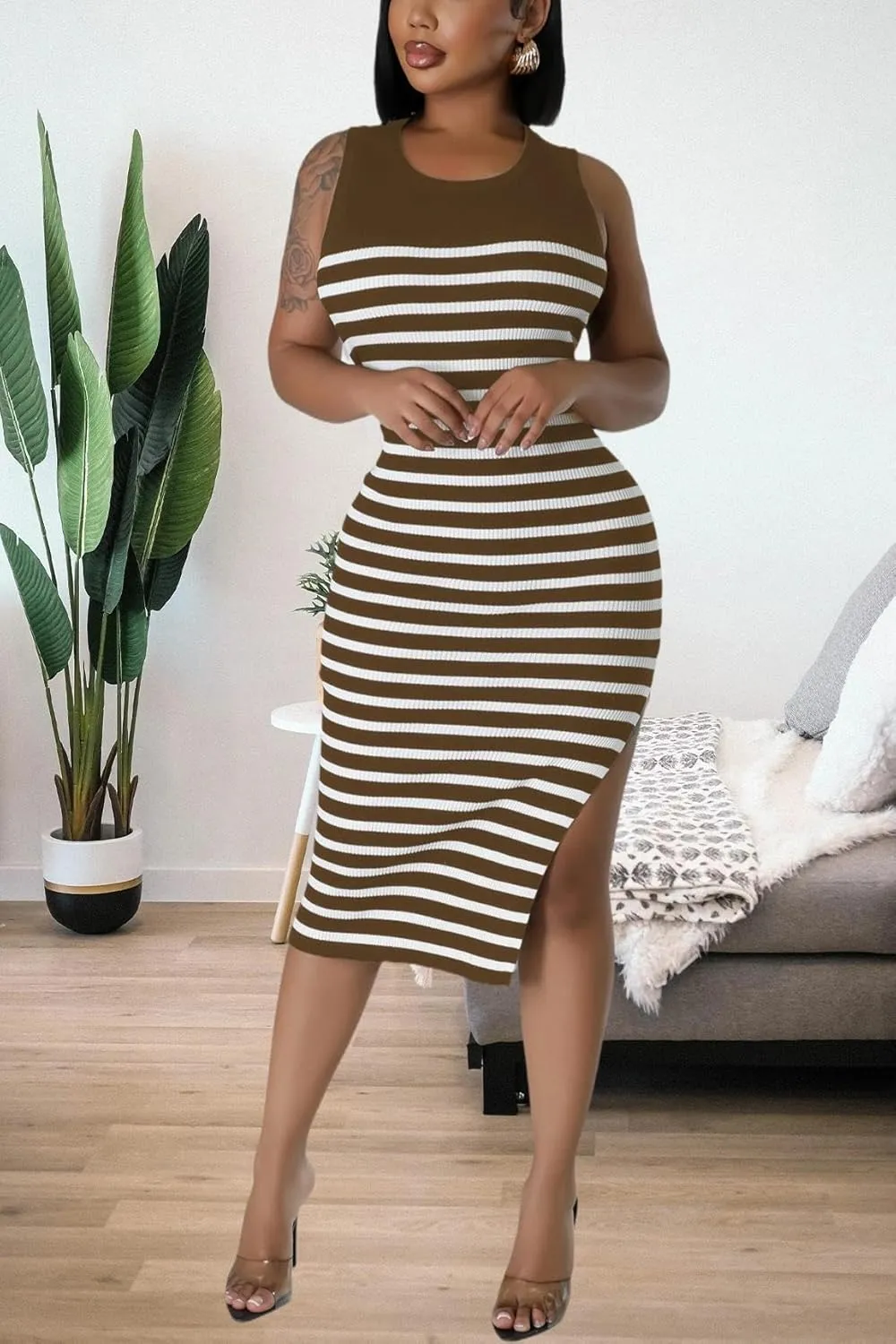 Women's Casual Ribbed Knit Bodycon Tank Dress Round Neck Sleeveless Slit Midi Dresses