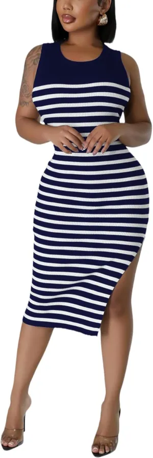 Women's Casual Ribbed Knit Bodycon Tank Dress Round Neck Sleeveless Slit Midi Dresses