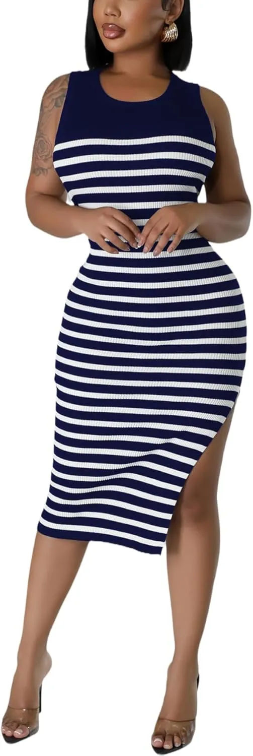 Women's Casual Ribbed Knit Bodycon Tank Dress Round Neck Sleeveless Slit Midi Dresses