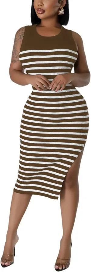 Women's Casual Ribbed Knit Bodycon Tank Dress Round Neck Sleeveless Slit Midi Dresses