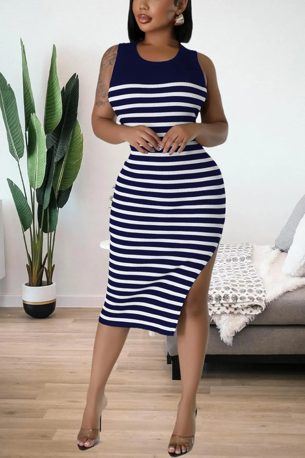 Women's Casual Ribbed Knit Bodycon Tank Dress Round Neck Sleeveless Slit Midi Dresses