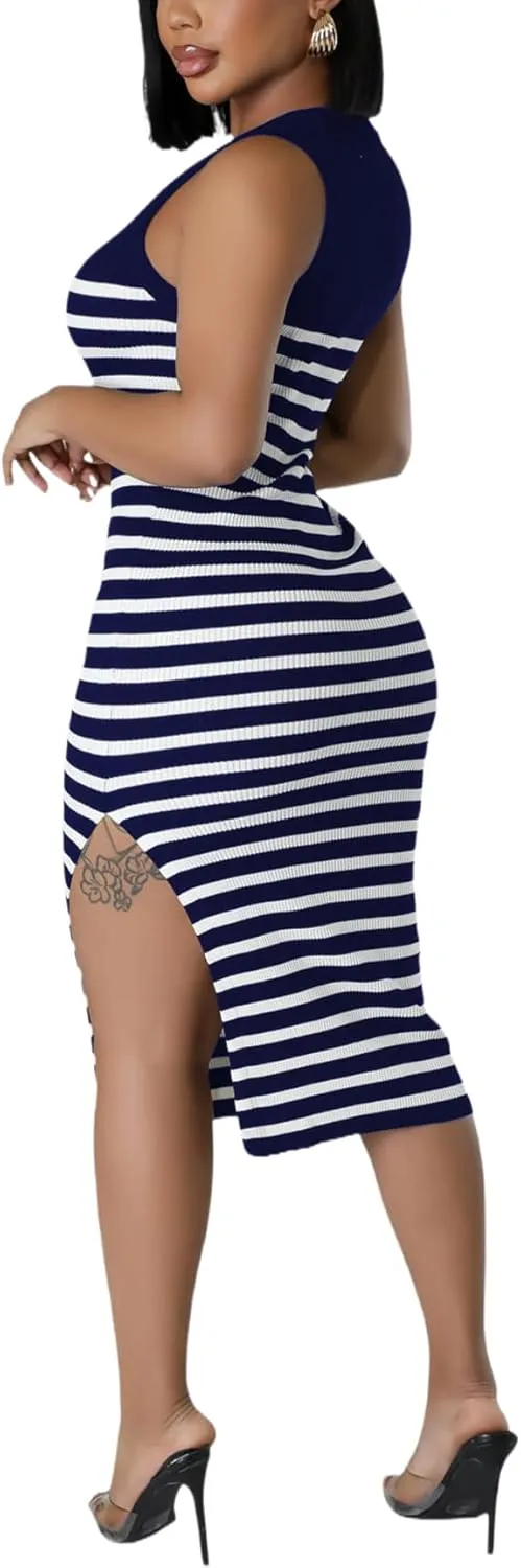 Women's Casual Ribbed Knit Bodycon Tank Dress Round Neck Sleeveless Slit Midi Dresses