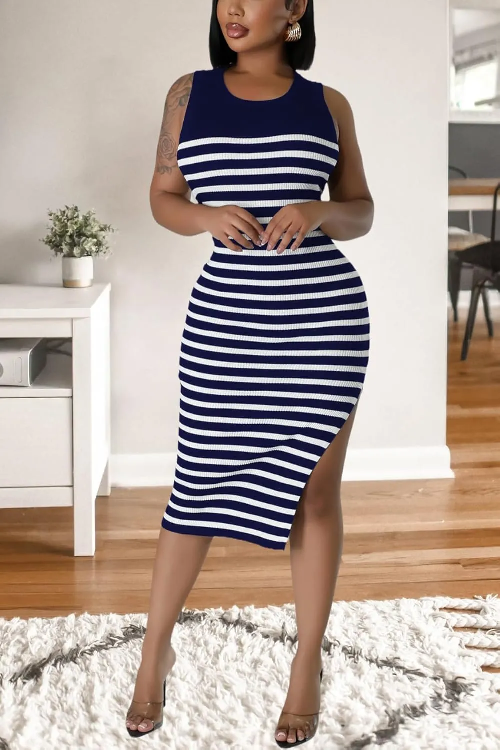 Women's Casual Ribbed Knit Bodycon Tank Dress Round Neck Sleeveless Slit Midi Dresses
