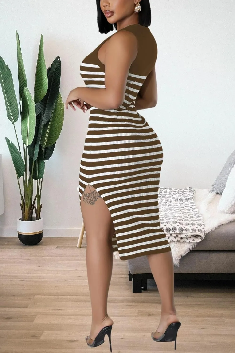 Women's Casual Ribbed Knit Bodycon Tank Dress Round Neck Sleeveless Slit Midi Dresses