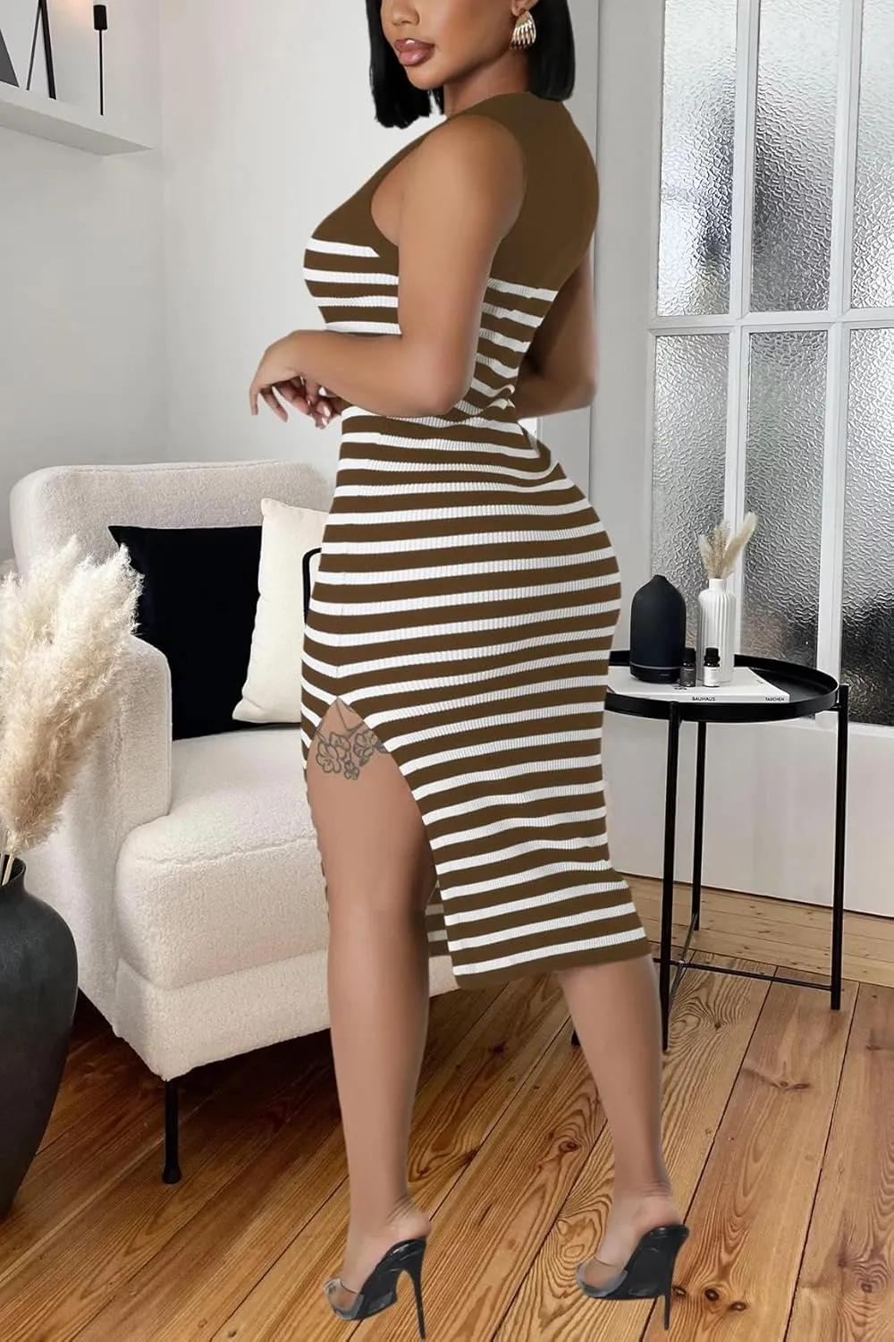 Women's Casual Ribbed Knit Bodycon Tank Dress Round Neck Sleeveless Slit Midi Dresses
