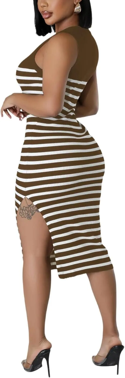 Women's Casual Ribbed Knit Bodycon Tank Dress Round Neck Sleeveless Slit Midi Dresses