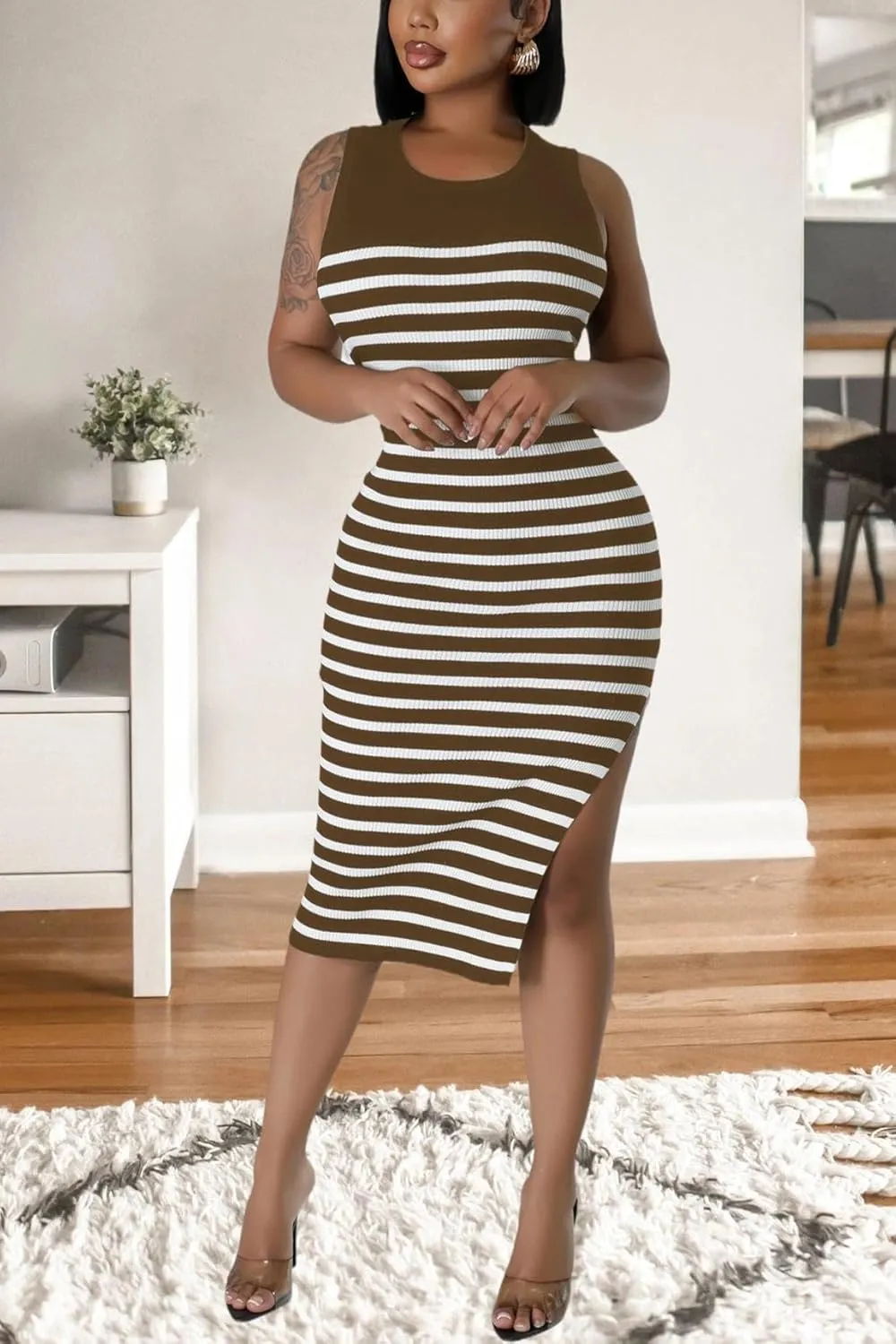 Women's Casual Ribbed Knit Bodycon Tank Dress Round Neck Sleeveless Slit Midi Dresses