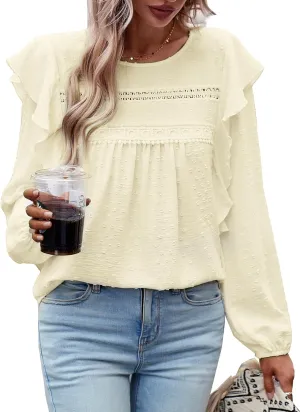 Women's Casual Tops Crewneck Lace Crochet Flowy Ruffle Shoulder Long Sleeve Blouses Shirts