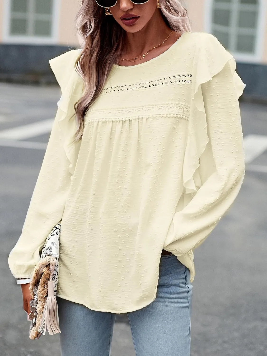 Women's Casual Tops Crewneck Lace Crochet Flowy Ruffle Shoulder Long Sleeve Blouses Shirts