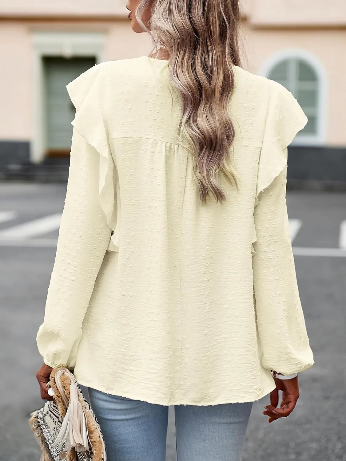 Women's Casual Tops Crewneck Lace Crochet Flowy Ruffle Shoulder Long Sleeve Blouses Shirts