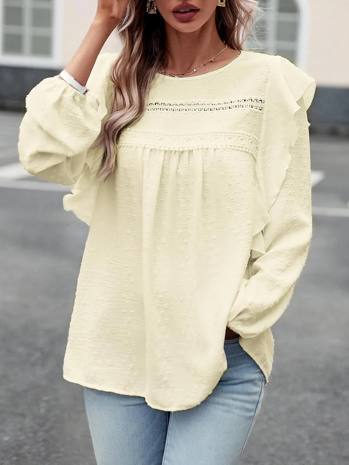 Women's Casual Tops Crewneck Lace Crochet Flowy Ruffle Shoulder Long Sleeve Blouses Shirts