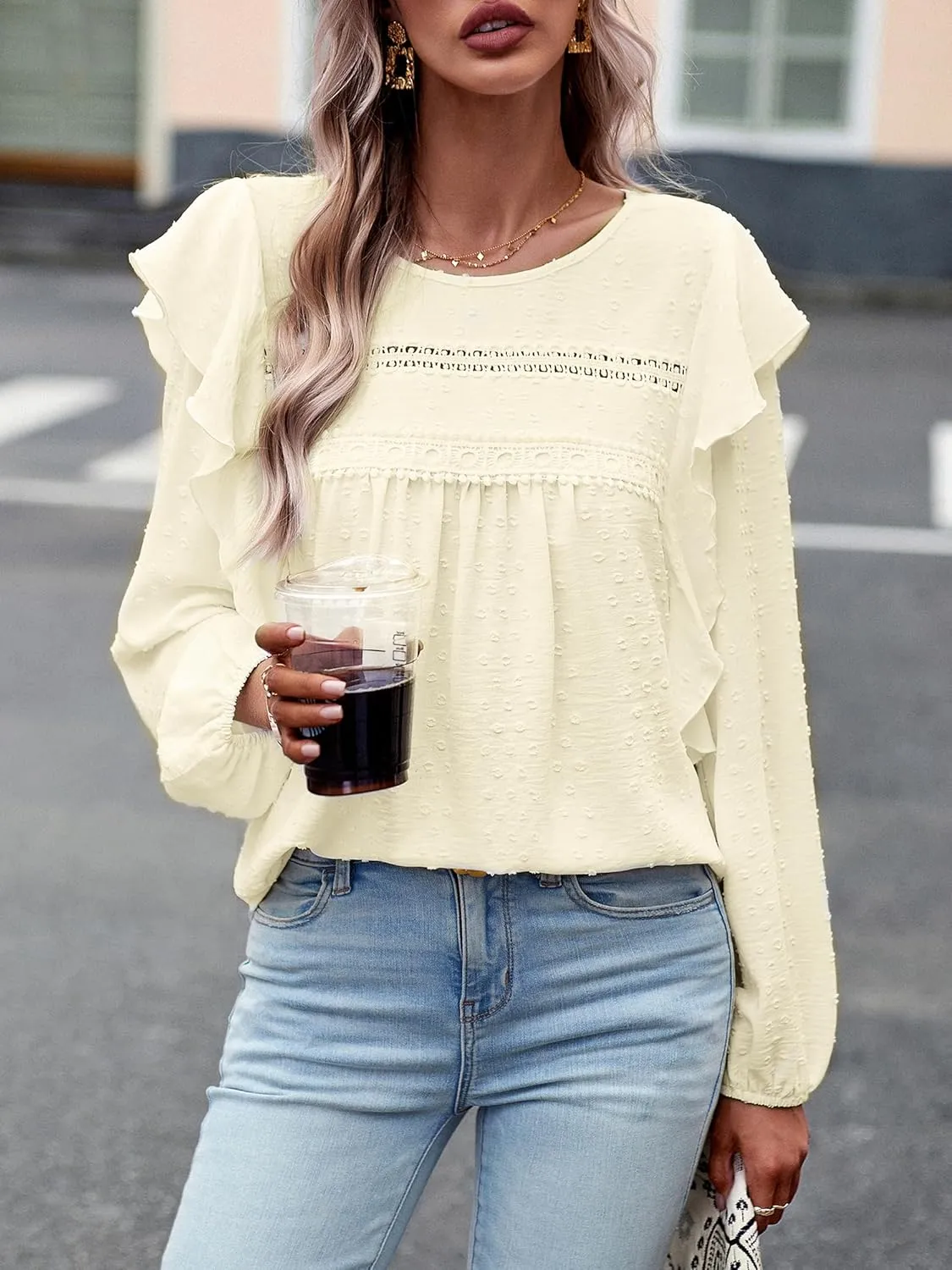 Women's Casual Tops Crewneck Lace Crochet Flowy Ruffle Shoulder Long Sleeve Blouses Shirts
