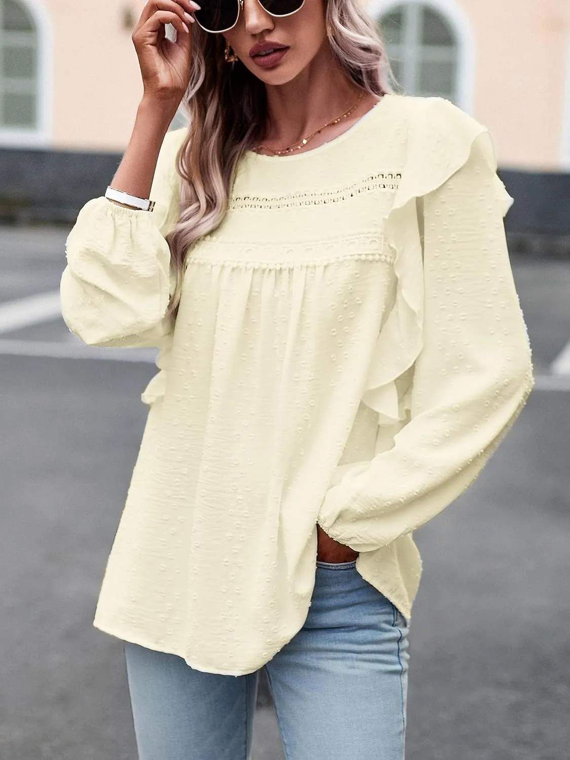 Women's Casual Tops Crewneck Lace Crochet Flowy Ruffle Shoulder Long Sleeve Blouses Shirts