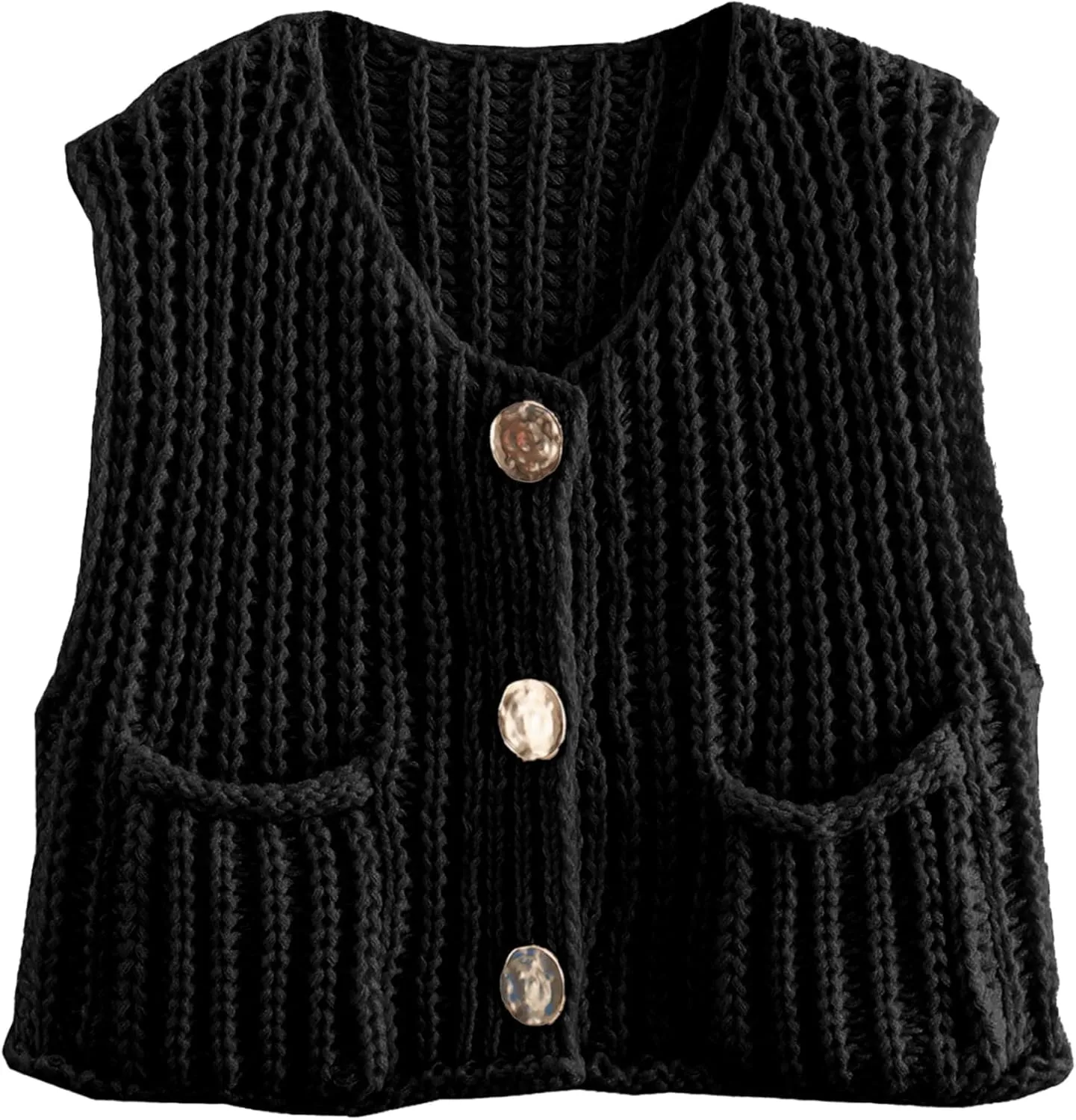 Women's Chunky Cropped Sweater Vest Sleeveless Button Down Trendy Cardigan Knit Crop Tops with Pockets