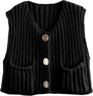 Women's Chunky Cropped Sweater Vest Sleeveless Button Down Trendy Cardigan Knit Crop Tops with Pockets