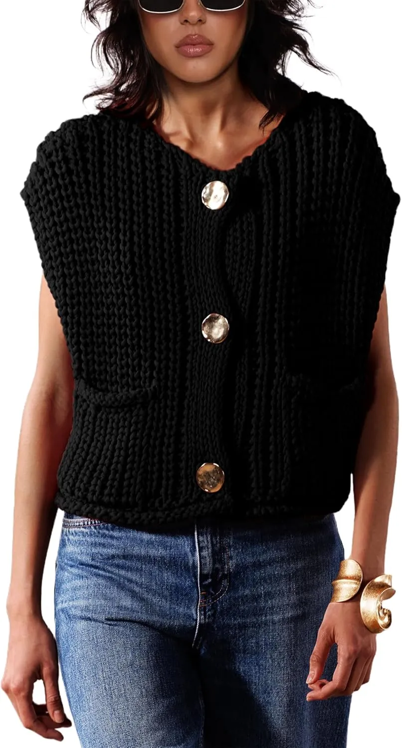 Women's Chunky Cropped Sweater Vest Sleeveless Button Down Trendy Cardigan Knit Crop Tops with Pockets