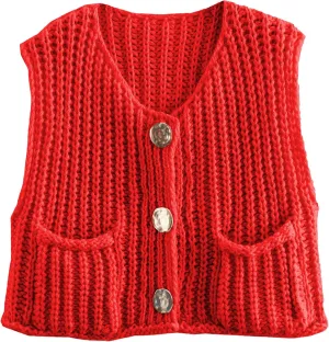 Women's Chunky Cropped Sweater Vest Sleeveless Button Down Trendy Cardigan Knit Crop Tops with Pockets