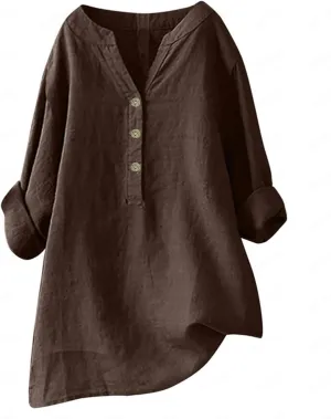 Womens Cotton Button Down Shirt Work Office Long Sleeve Crew Neck Basic Simple T Shirts Tee