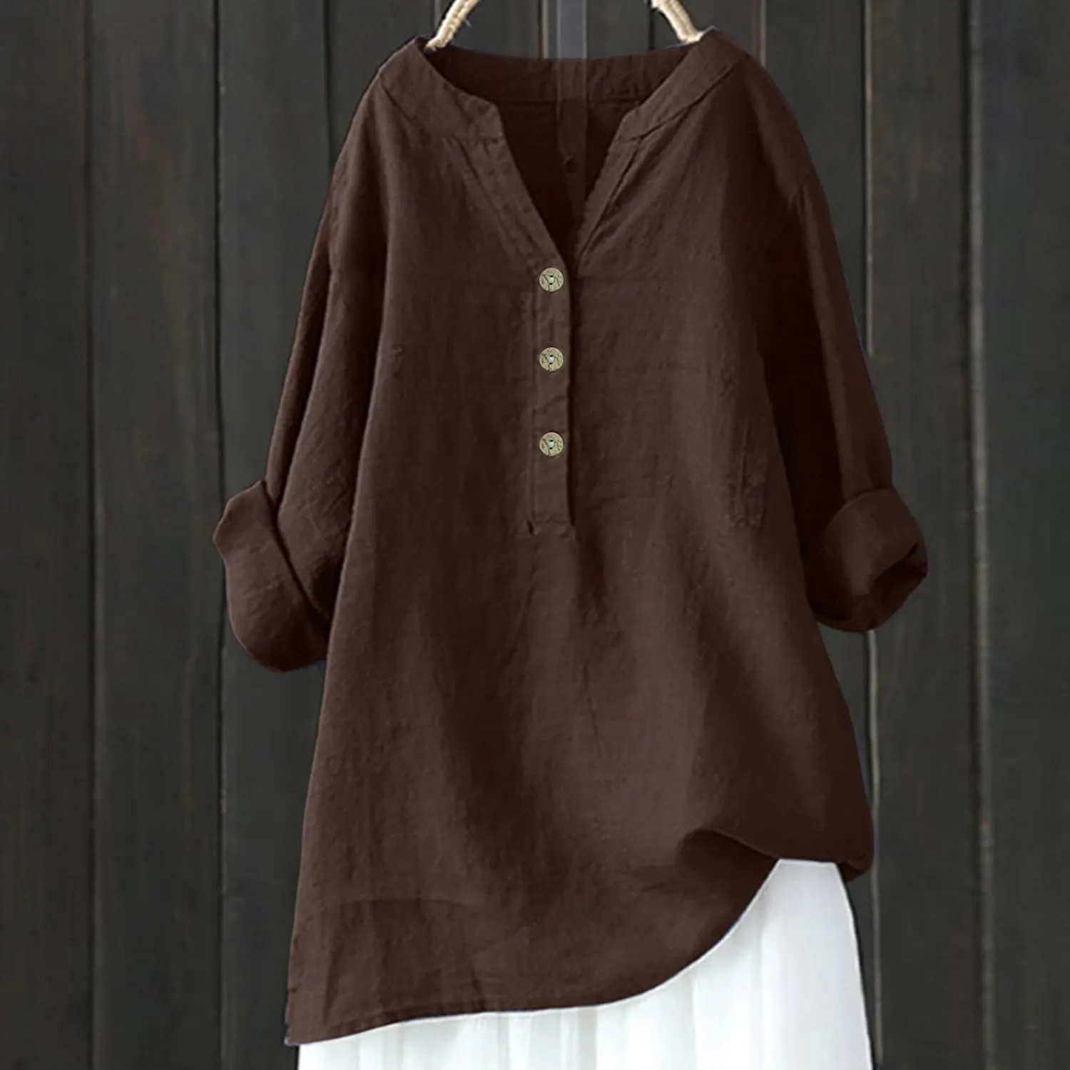 Womens Cotton Button Down Shirt Work Office Long Sleeve Crew Neck Basic Simple T Shirts Tee