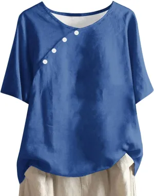 Womens Cotton Linen Blouse Button Down Summer Short Sleeve T-Shirt Solid Color Loose Fit Top
