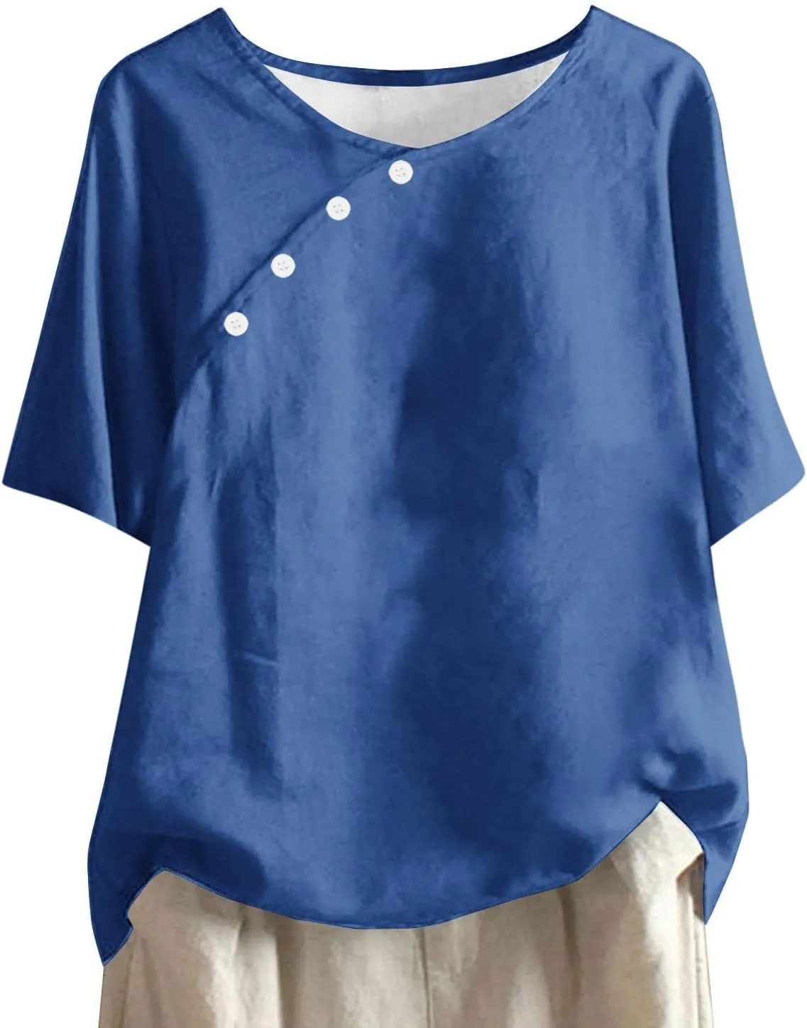 Womens Cotton Linen Blouse Button Down Summer Short Sleeve T-Shirt Solid Color Loose Fit Top
