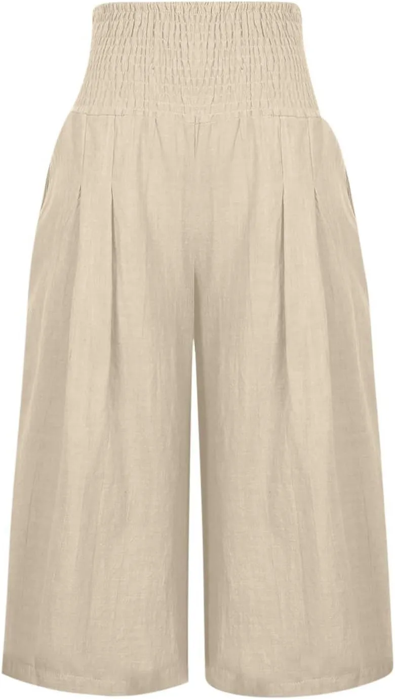 Women's Cotton Linen Capri Pants Wide Leg Cropped Trousers Elastic Waist Summer 2025 Boho Casual Capris with Pockets