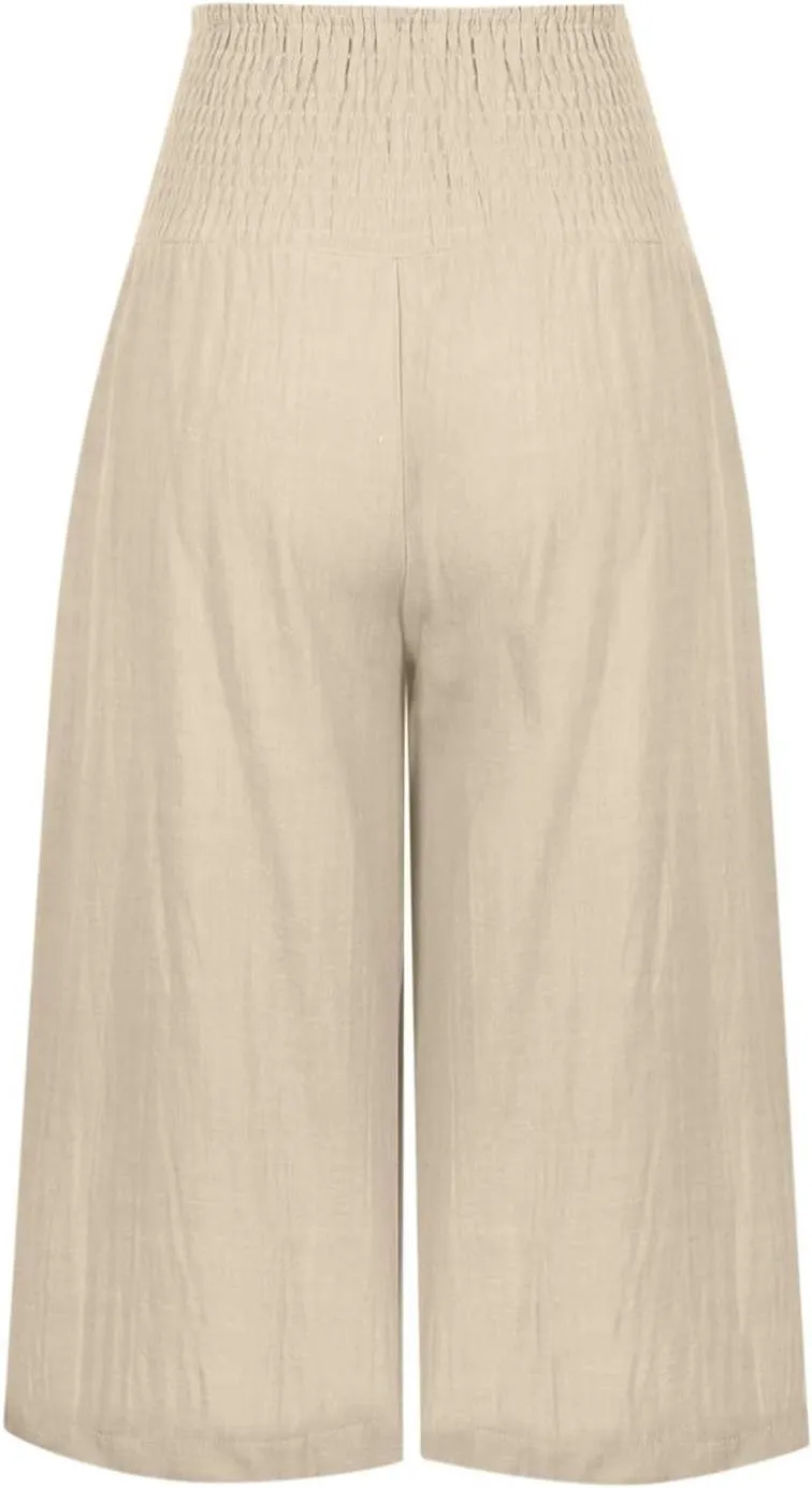 Women's Cotton Linen Capri Pants Wide Leg Cropped Trousers Elastic Waist Summer 2025 Boho Casual Capris with Pockets