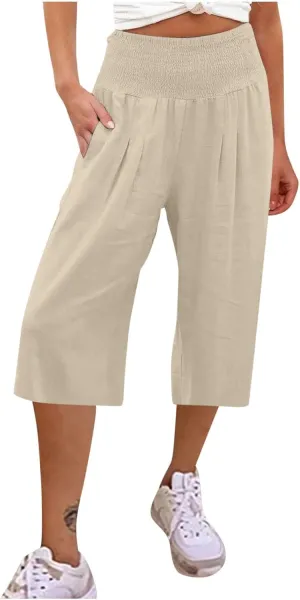 Women's Cotton Linen Capri Pants Wide Leg Cropped Trousers Elastic Waist Summer 2025 Boho Casual Capris with Pockets