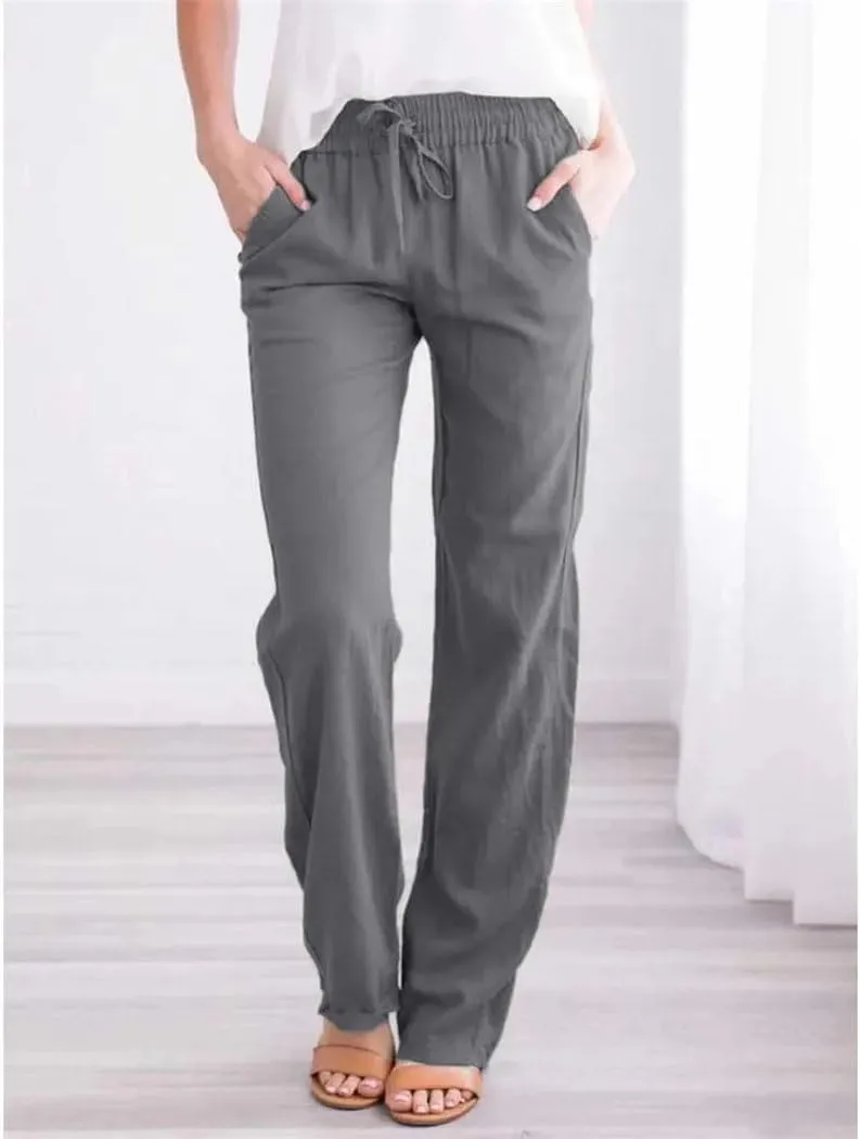 Women's Cotton Linen Pants Elastic Waist Casual Trousers Loose Straight Leg Breathable Sweatpants with Drawstring